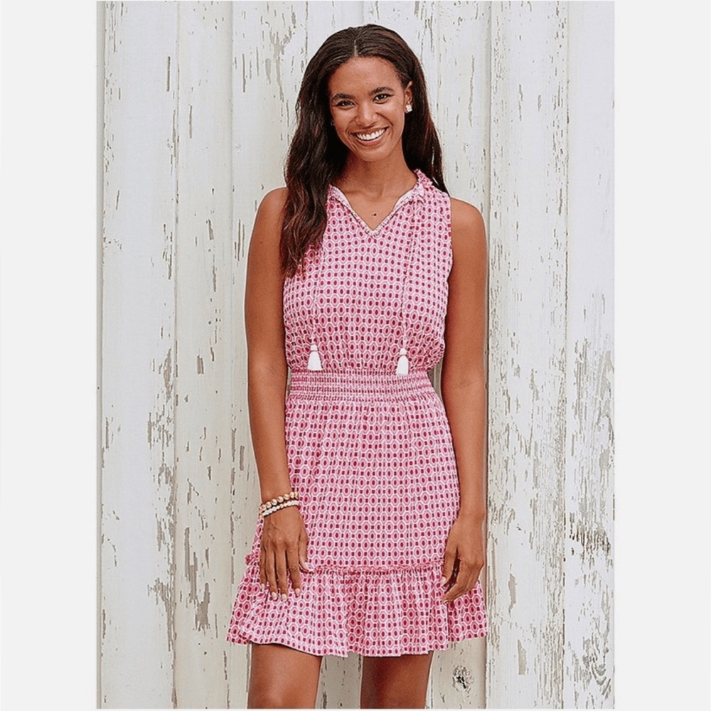 CABANA LIFE Coral Gables Smocked Waist Dress, Pink and White Geometric Size L